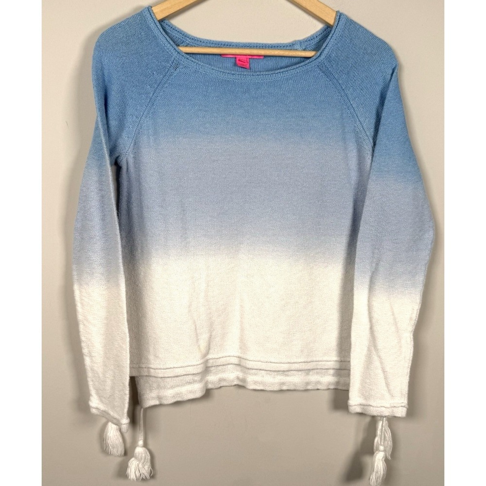 Lilly Pulitzer Light Knit Ombre Sweater Medium Blue Dip Dye Tassel Coastal Chic